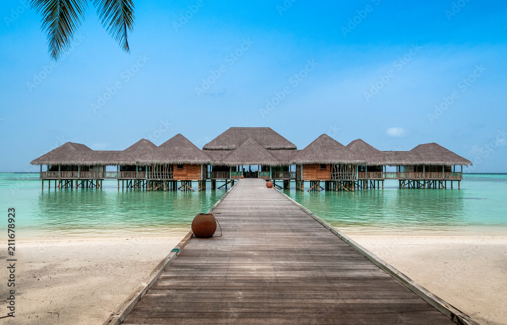 The perfect beach. Water bungalow. Luxury escape. Tropical paradise. Honeymoon at Maldives. Palms and white sund. Blue ocean