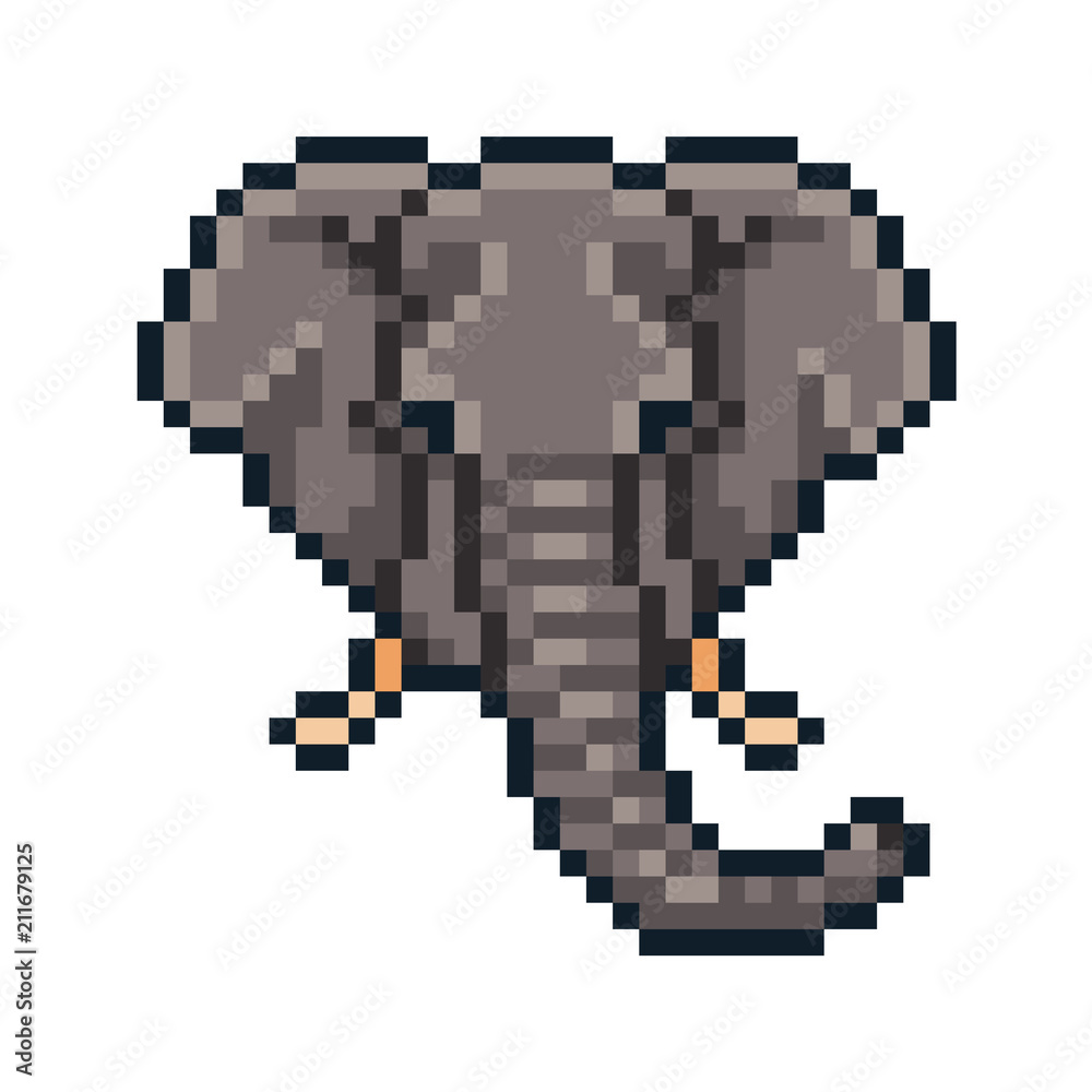 Pixel art vector elephant isolated on white background.