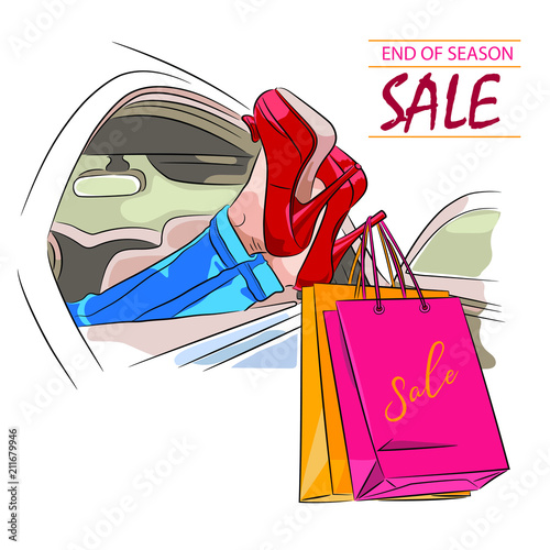 Shopping season sale, girl in car in red shoes with shopping bags. Illustration with lettering can be used for banner, posters and leaflets