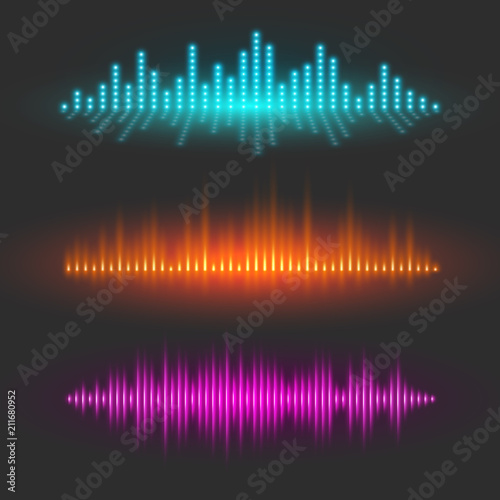 Sound wave graphical depiction, abstract waveforms or digital equalizer, sound pulses or musical rhythm illustrations, set of vector design elements