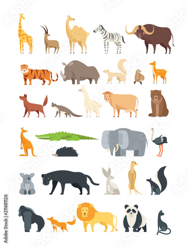 Flat african, jungle and forest animals. Cute mammals and reptiles. Wild fauna vector set isolated