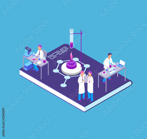 Chemistry, pharmaceutical 3d isometric concept with chemical laboratory equipment and people research scientist vector illustration