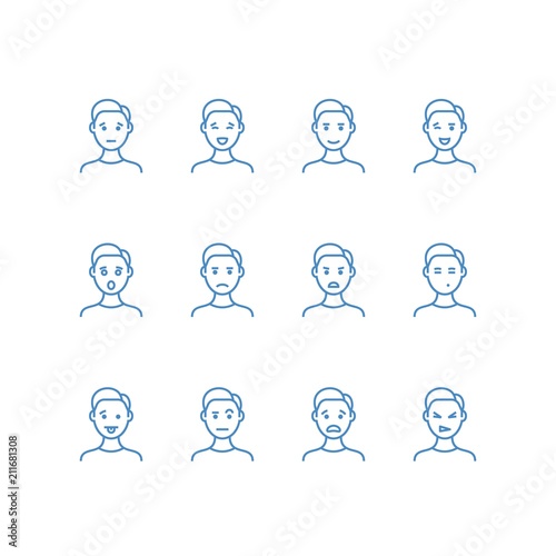 Man face with different emotions line icons. Male profile outline symbols of emoji. Happy, sad, fun and angry mans portraits isolated
