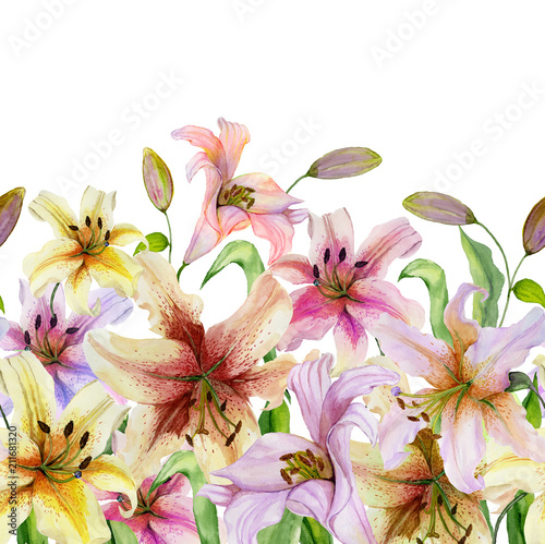 Beautiful lily flowers with green leaves on white background. Seamless floral pattern. Watercolor painting. Hand drawn and painted illustration.