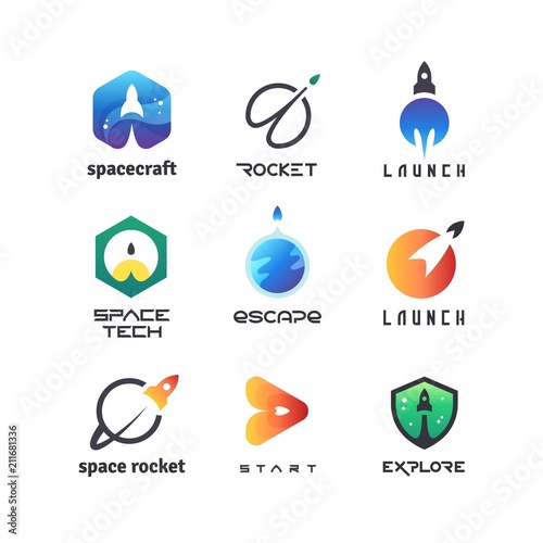 Space rockets, shuttles launch, spaceship, aviation and futuristic aircraft. Vector retro logos and badges isolated