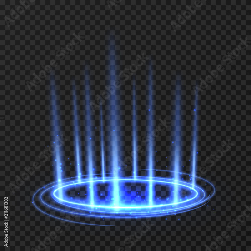 Energy spinning circle with blue glowing rays. Fantasy portal, magic twirled teleport on floor iod vector illustration
