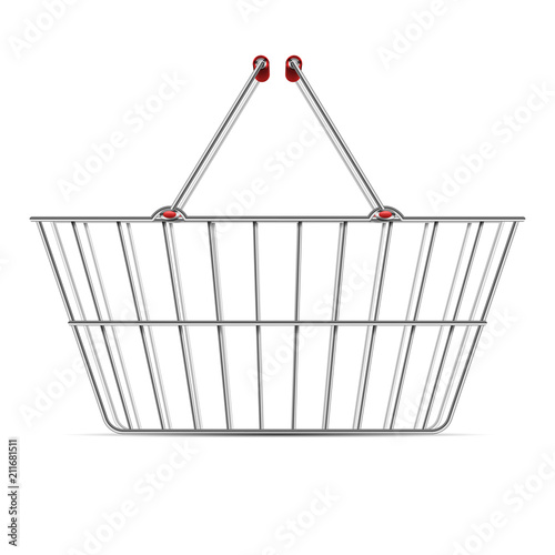 Realistic empty supermarket shopping metal basket with handles vector illustration isolated on white background