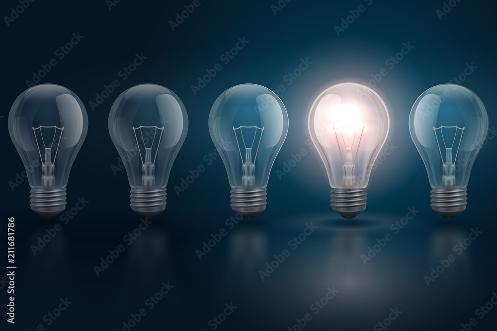 Creative idea concept with light bulbs and one of them is glowing. Leadership, individuality, opportunities business vector background Creative idea concept with light bulbs and one of them is glowing. Leadership, individuality, opportunities business vector background