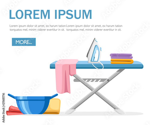 Laundry room concept. Blue ironing board, white iron, pile of towels and plastic basin with rags. Flat cartoon illustration on white background. Concept design for website or advertising