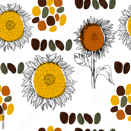 Hand drawn sunflower. Vector seamless pattern