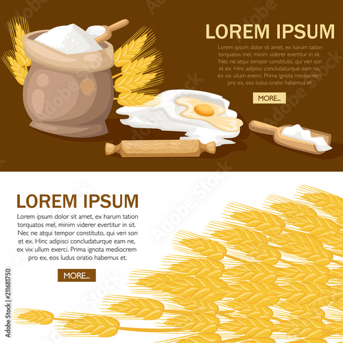 Full bag of flour with rolling pin. Egg yolk in flour. Wheat ears with wooden scoop. Vector illustration on white background. Bakery concept design for website or advertising