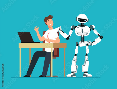 Robot employee kicks away human worker from workplace. Artificial intelligence, man replacement, future jobless vector concept
