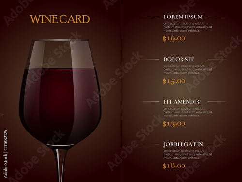 Wine card menu template with realistic glass of red wine