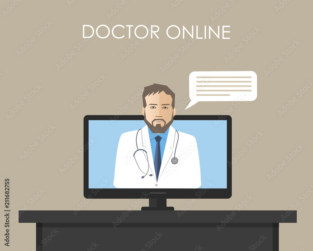 Doctor online concept. Online consultation with a medical specialist. There is male doctor's photo on the screen of the computer in the picture. Vector illustration