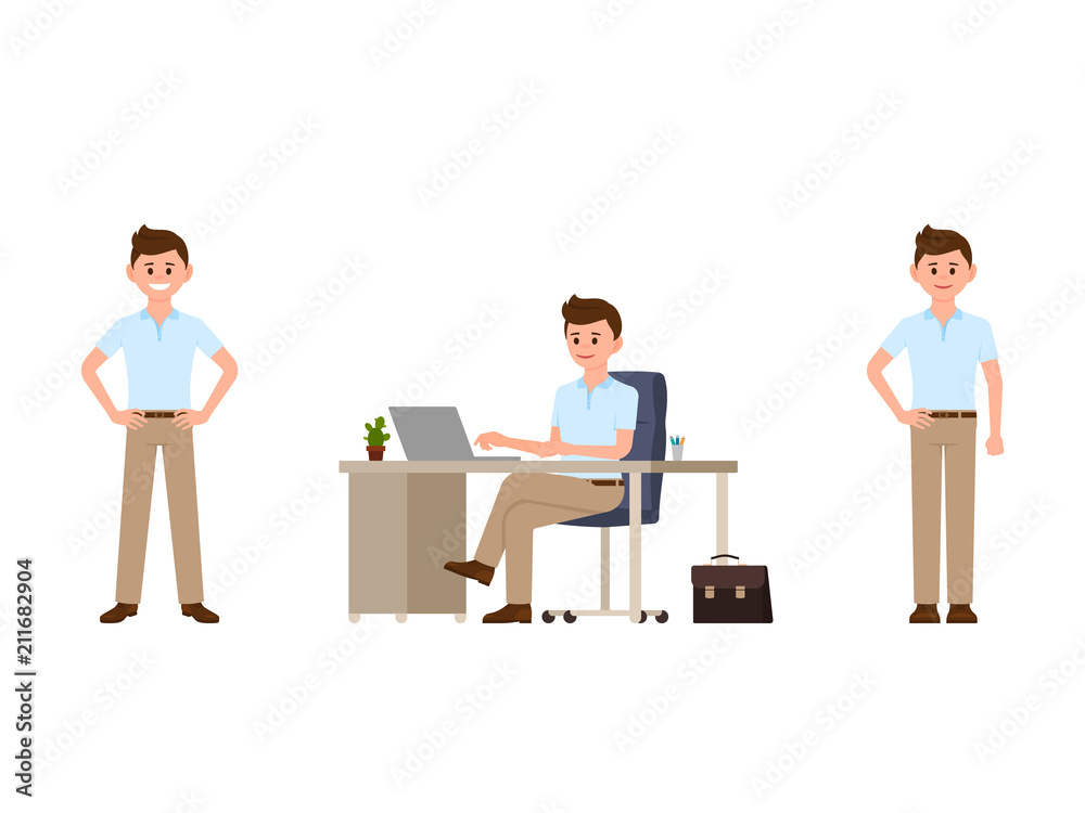 Business man in smart casual look cartoon character. Vector illustration of office worker in different poses Business man in smart casual look cartoon character. Vector illustration of office worker in different poses