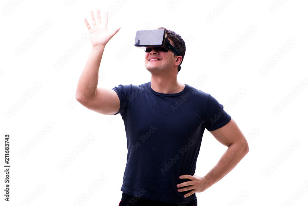 Man playing with virtual reality glasses on white background Man playing with virtual reality glasses on white background