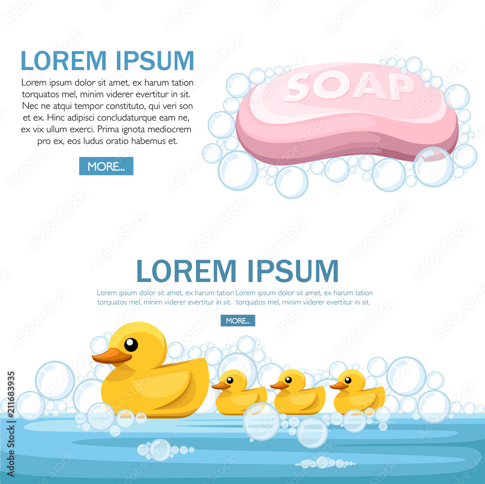 Pink soap bar with yellow rubber duck.. Soap bubbles. Colorful bath icon. Flat vector illustration on white and bubbles texture background. Concept design for website or advertising Pink soap bar with yellow rubber duck.. Soap bubbles. Colorful bath icon. Flat vector illustration on white and bubbles texture background. Concept design for website or advertising