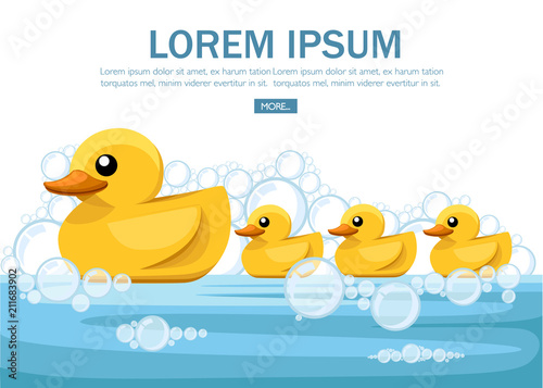 Yellow rubber duck. Cartoon cute ducky for bath. Flat vector illustration on white background. Concept design for website or advertising