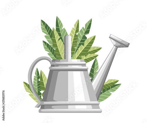 Gardening tool watering can. Metal flower can with green leaves. Farming equipment flat style. Vector illustration isolated on white background