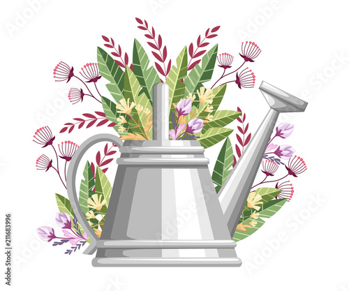 Gardening tool watering can. Metal flower can with green leaves and flowers. Farming equipment flat style. Vector illustration isolated on white background