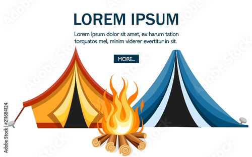 Cartoon tent and bonfire. Blue and orange tent. Sport tourism nature. Flat vector illustration on white background. Camping concept design for website or advertising