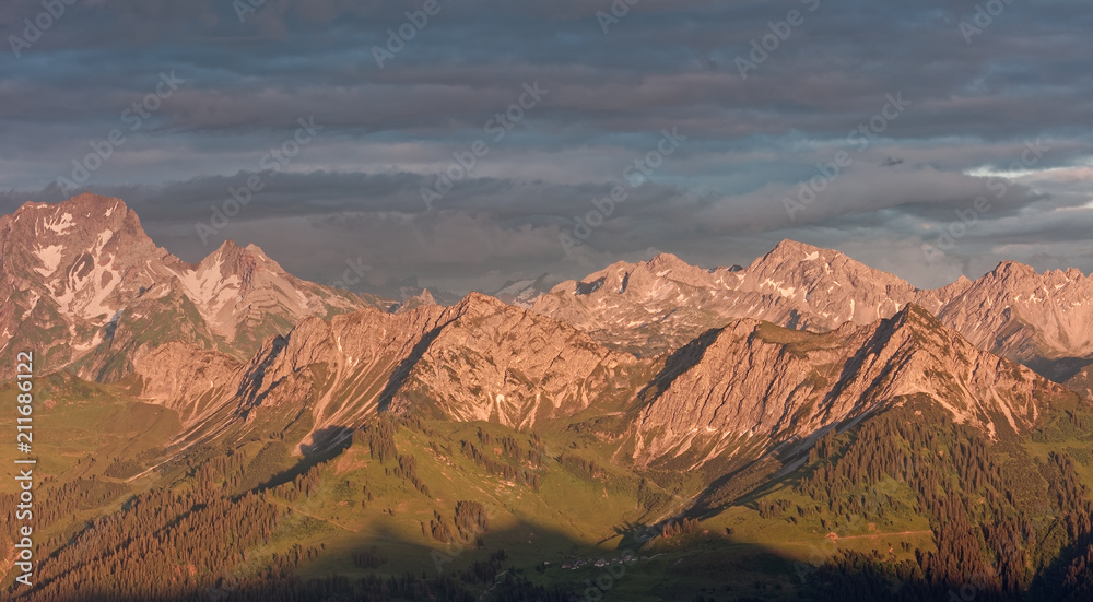 Lechquellengebirge mountains sunset from Furkajoch pass