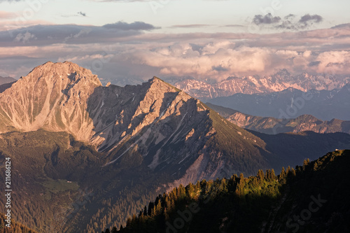 Lechquellengebirge mountains sunset from Furkajoch pass