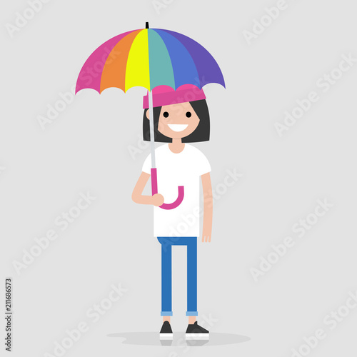 LGBTQ. LGBT lifestyle. Young character holding a rainbow umbrella. Protection. Cover. Flat editable vector illustration, clip art