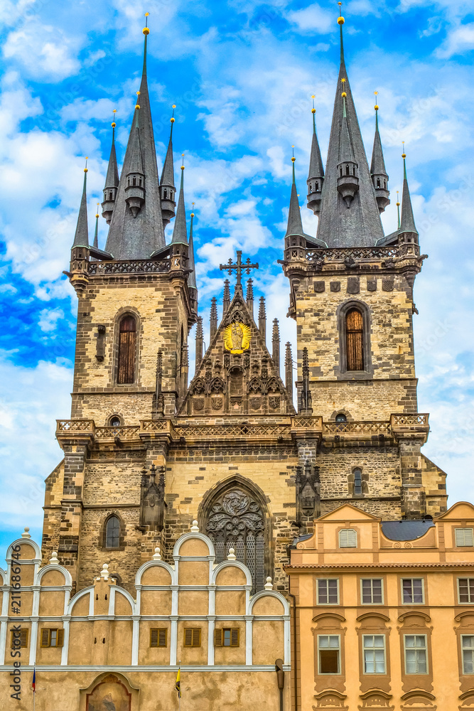 The Tyn Church in t the Old Town Square in Prague, the main parish church district Nove Mesto.