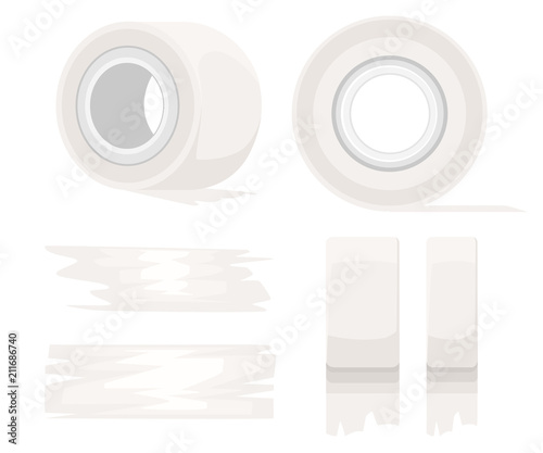 Office tool and stuff. Roll of adhesive tape. White scotch tape and pieces of adhesive tape. Flat vector illustration isolated on white background