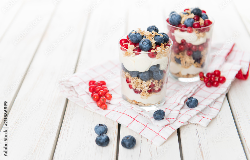 Vanilla Yoghurt Parfait Served with Fresh Blueberries and Red Currants Vanilla Yoghurt Parfait Served with Fresh Blueberries and Red Currants