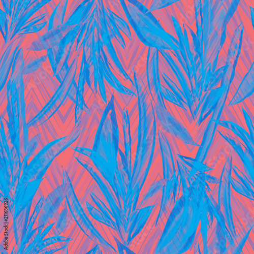 Floral leafs pattern pastel color blue pink seamless background. Zigzag on a floral background. Watercolour painting hand drawn Cordyline - tropical leaves.