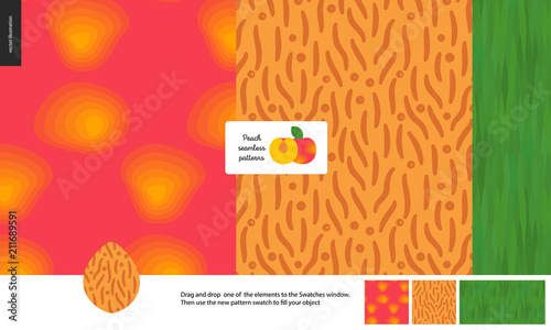 Food patterns, summer - fruit, peach texture, half of peach image in center - three seamless patterns of peach yellow orange smooth firm rind, seed with grainy smooth texture and green leaf pattern