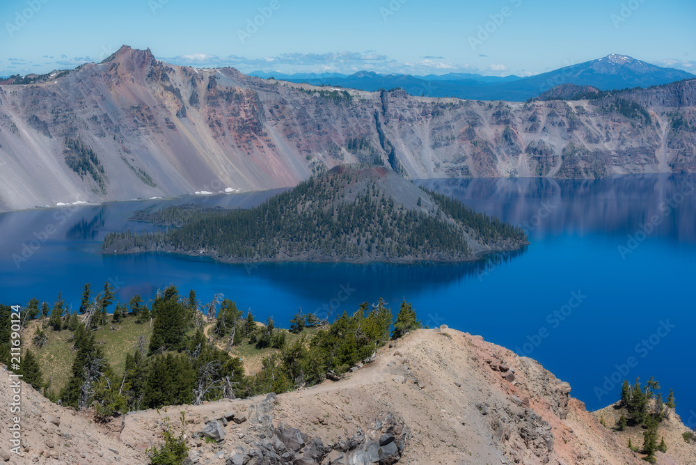 Mesmerizing blues of Crater Lake, Oregon, on a sunny afternoon
