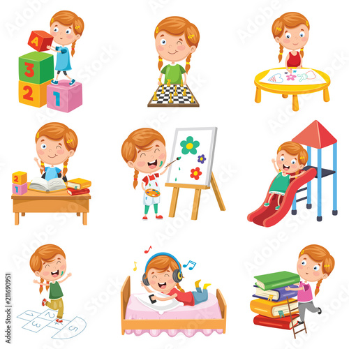 Vector Illustration Of Little Girl Playing