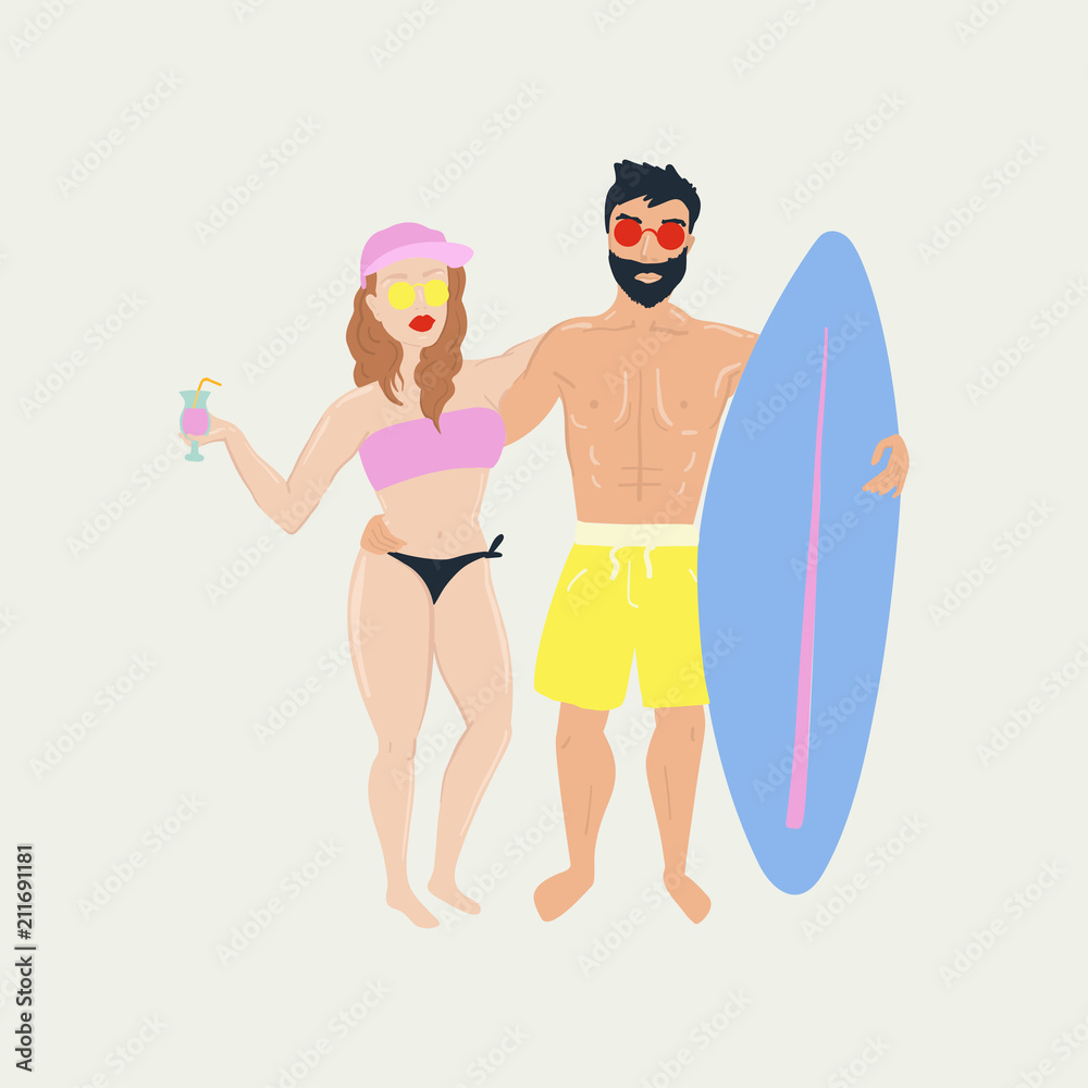 Summer beach poster with surfer boy and girl.