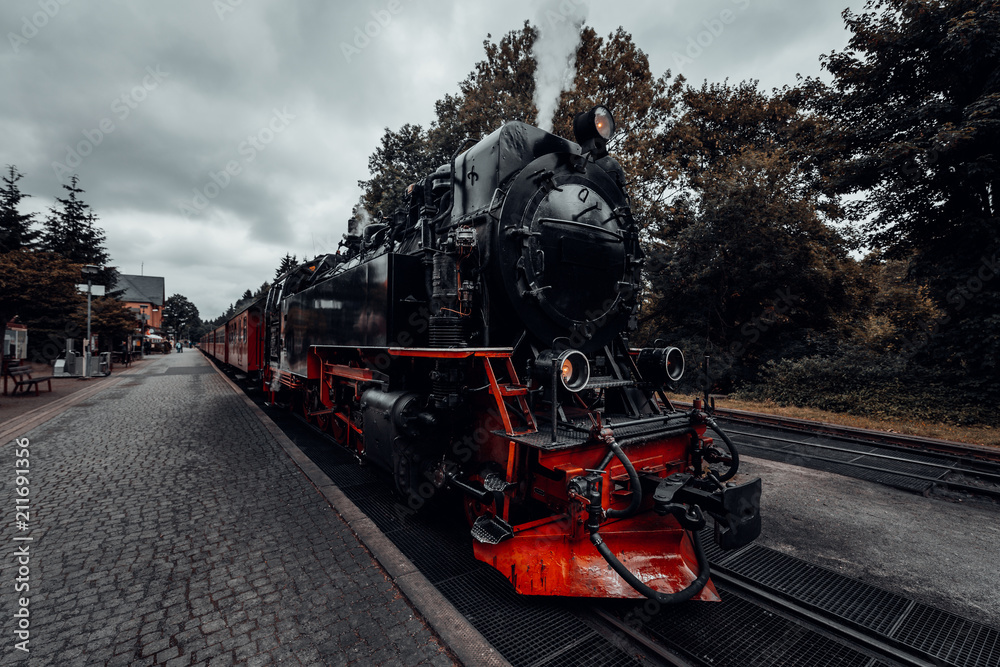 Obraz premium Dampflok der Harzer Schmalspurbahn steht im Bahnhof und wartet auf Abfahrt