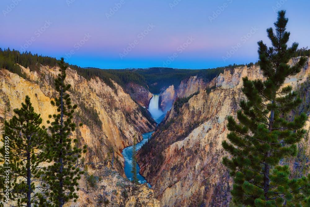 The lower Falls in the Grand Canyon of Yellowstone National Park in Wyoming is beautiful at sunrise from Artists Point.