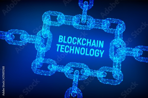Block chain. Crypto currency. Blockchain concept. 3D wireframe chain with digital blocks. Editable cryptocurrency template. Stock vector illustration.