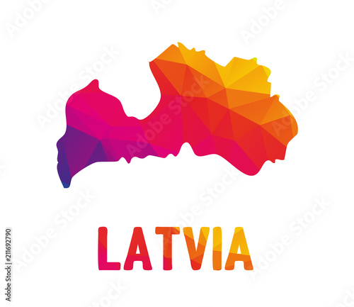 Low polygonal map of Republic of Latvia (Latvijas Republika) with sign Latvia, both in warm colors of red, purple, orange and yellow; sovereign state in Baltic region - Northern Europe