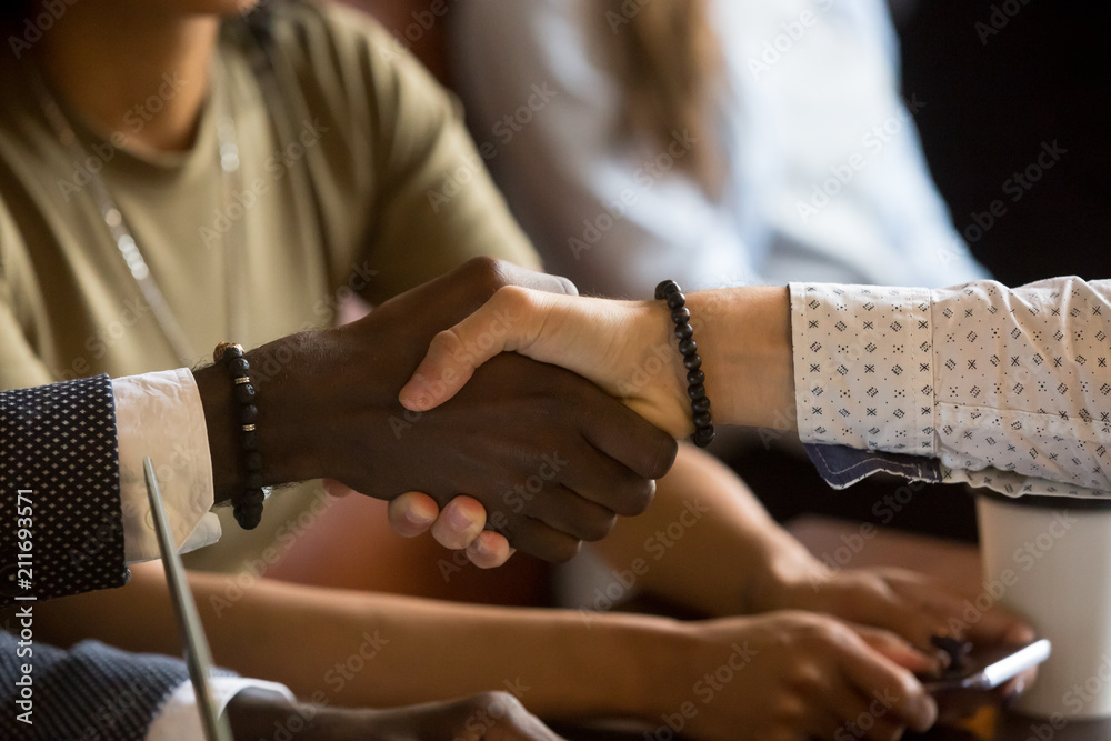Fototapeta premium Close up of multiracial handshake at business meeting closing deal, African and Caucasian men shaking hands greeting congratulating with successful agreement, signing contract. Unity support concept