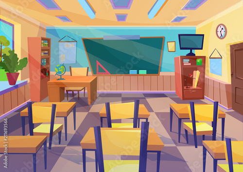 Empty vector flat cartoon school class room interior with board desk. © lembergvector
