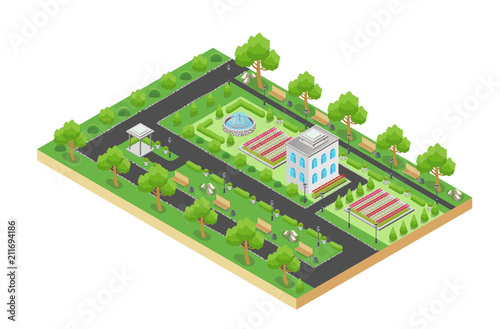Isometric vector design of green city park with recreation area and trees isolated on white background.