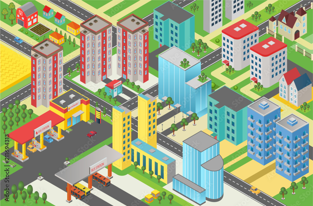 Isometric urban modern city megalopolis view vector illustration.