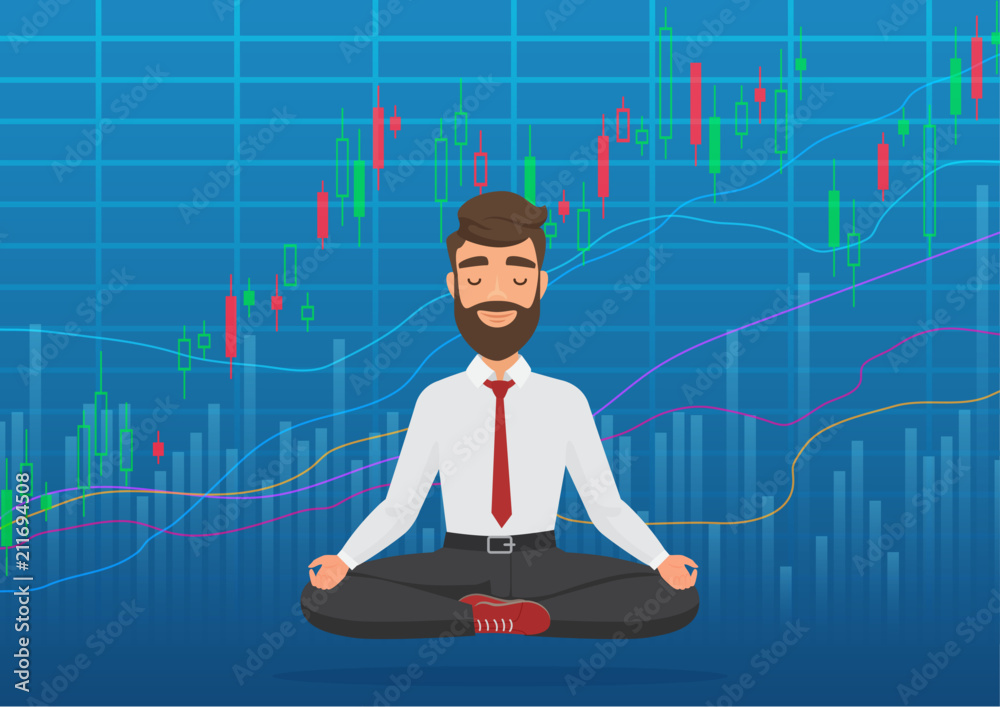 Happy man trader meditating under rising crypto or stock market exchange chart. Business trader, finance stock market graph concept. Growing bullish stock Market. Balance feeling. Happy man trader meditating under rising crypto or stock market exchange chart. Business trader, finance stock market graph concept. Growing bullish stock Market. Balance feeling.