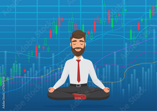 Happy man trader meditating under rising crypto or stock market exchange chart. Business trader, finance stock market graph concept. Growing bullish stock Market. Balance feeling.