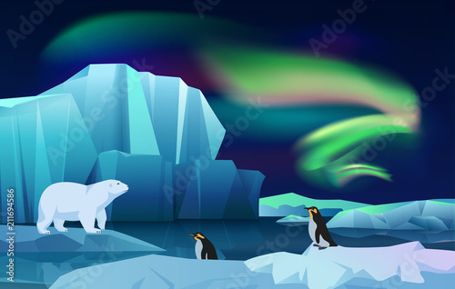 Cartoon vector nature winter arctic ice landscape with iceberg, snow mountains hills. Polar night with aurora borealis northen lights. White Bear and penguins.