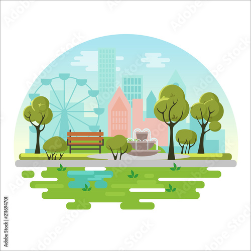 City public park vector illustration concept poster with bench, trees, fountain, plants on modern city background. Green eco landscape.