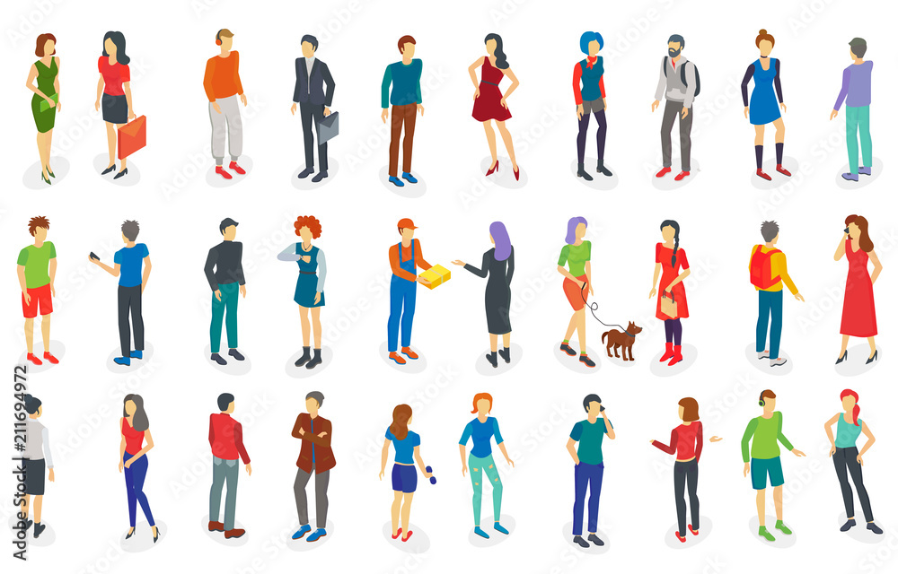 Isometric different people set isolated vector illustration.
