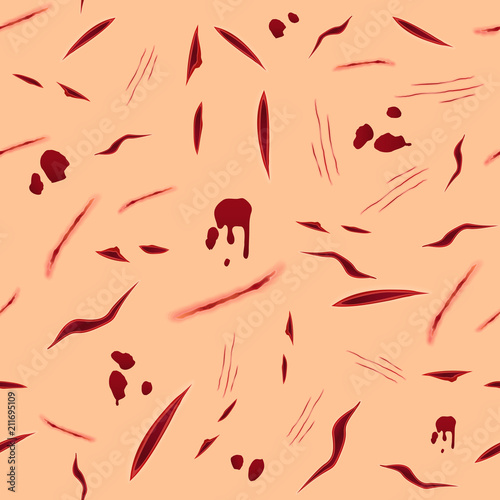 Abstract seamless pattern with various bloody wounds and injuries on skin-toned background.